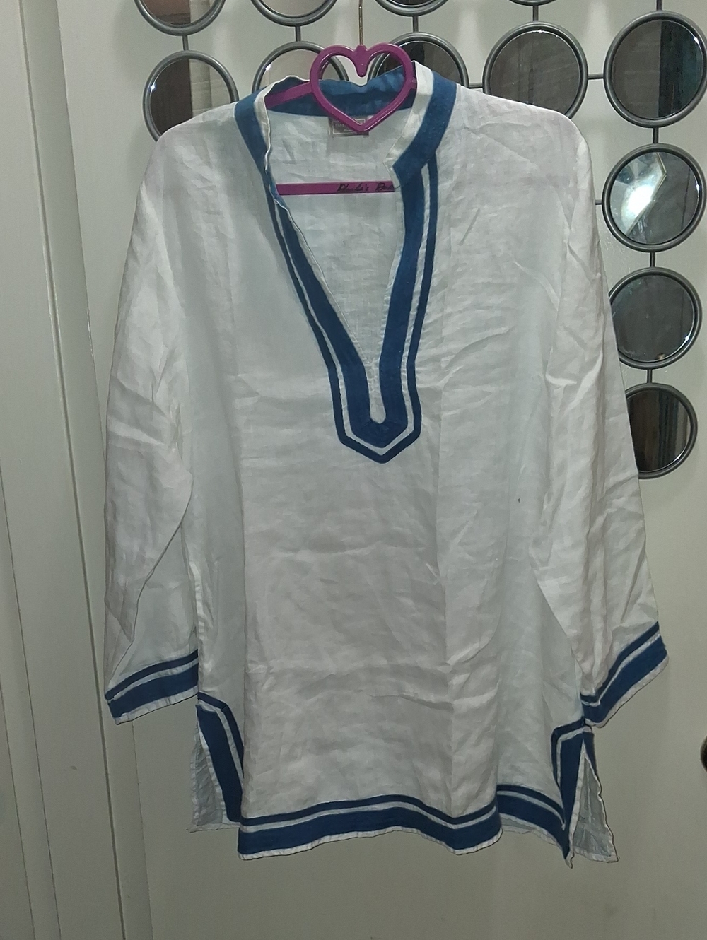 WHITE LINEN TUNIC W/ROYAL BLUE Trim